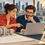 Conceptual editorial illustration of engineering and software professionals comparing work at a desk with a laptop and mechanical model.