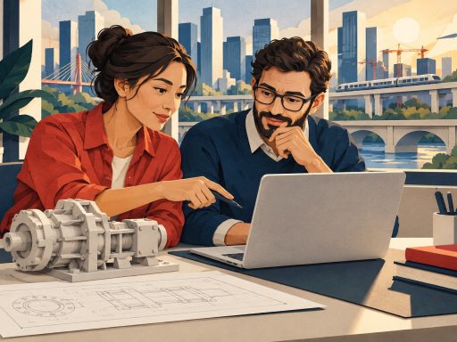 Conceptual editorial illustration of engineering and software professionals comparing work at a desk with a laptop and mechanical model.