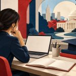 Conceptual illustration of a working adult studying at a desk with a graduation cap and books.