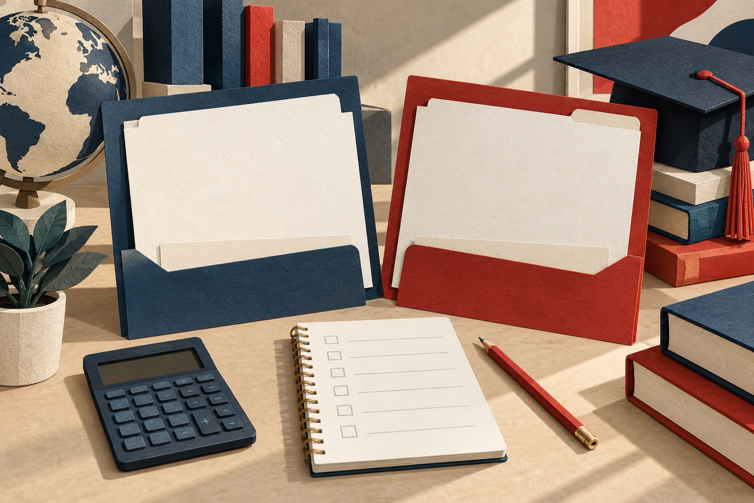 Conceptual illustration of blank program-comparison folders, a notebook, calculator, books and graduation cap.