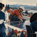 Editorial illustration of healthcare, solar installation and data science careers in the U.S. job growth study.