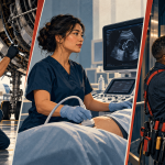 Editorial illustration of technical and healthcare careers without a bachelor's degree as the typical entry route.