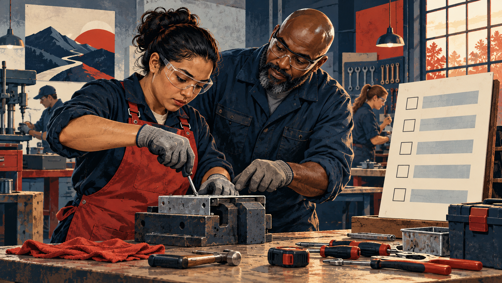 Editorial illustration of an adult trainee practicing a workshop skill with an experienced mentor.