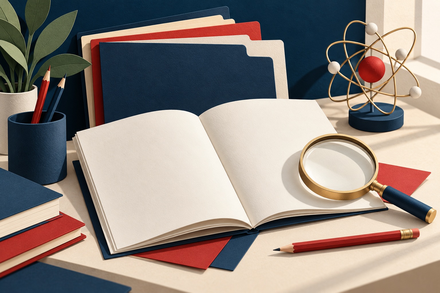 Conceptual illustration of a blank program prospectus, credential folders, magnifying glass and abstract atom teaching model.