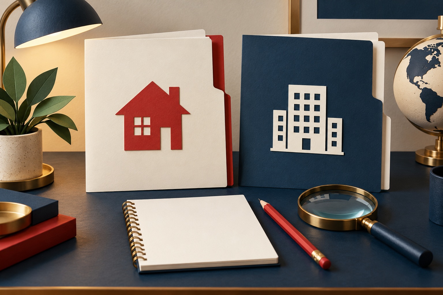 Conceptual illustration of separate research folders with house and office-building symbols, a blank notebook and magnifying glass.