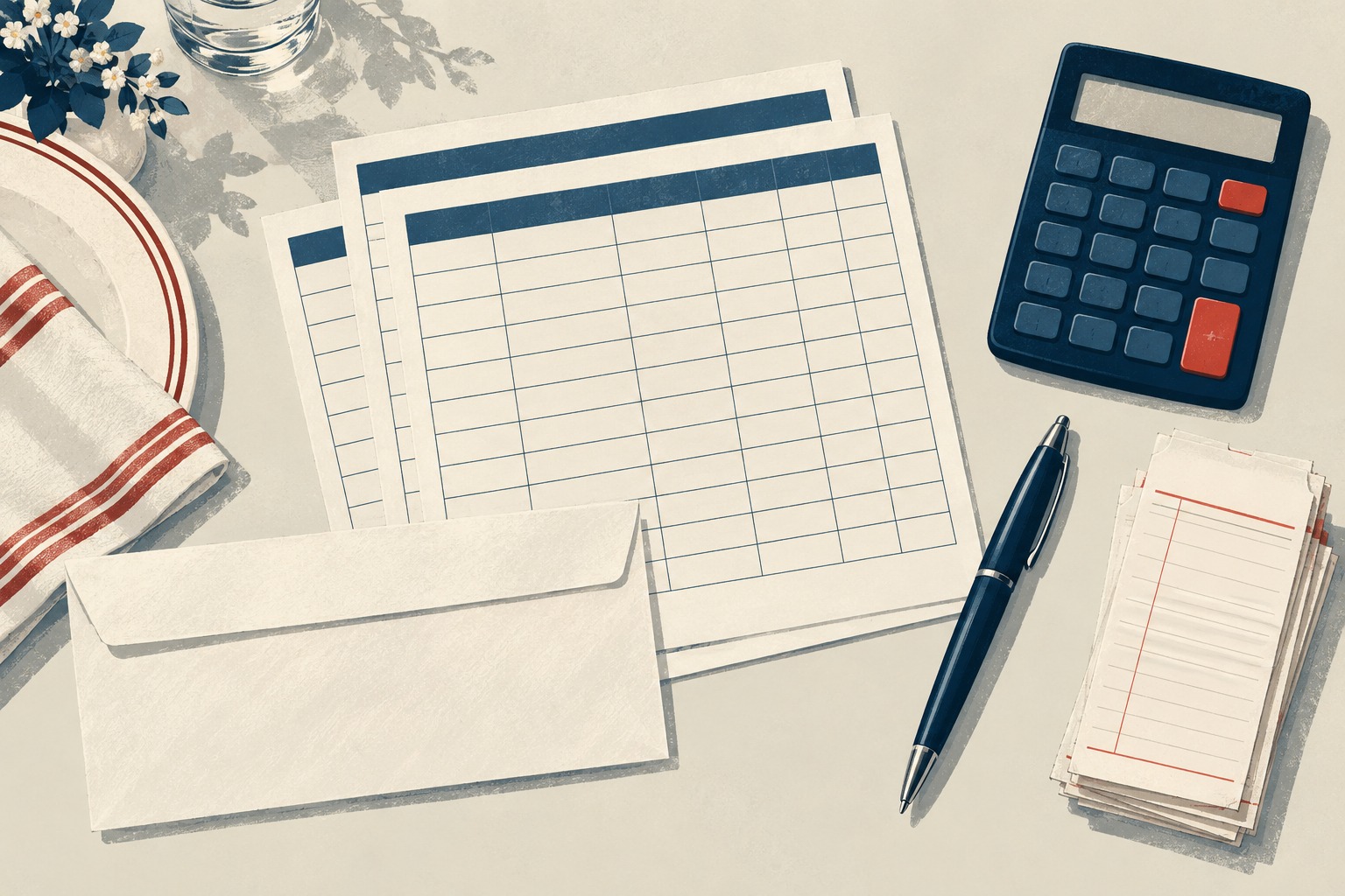 Conceptual overhead illustration of blank timesheets, a wage envelope, calculator, pen and restaurant order tickets.