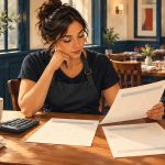 Conceptual illustration of a restaurant worker reviewing blank timesheets and a wage statement at a cafe table.
