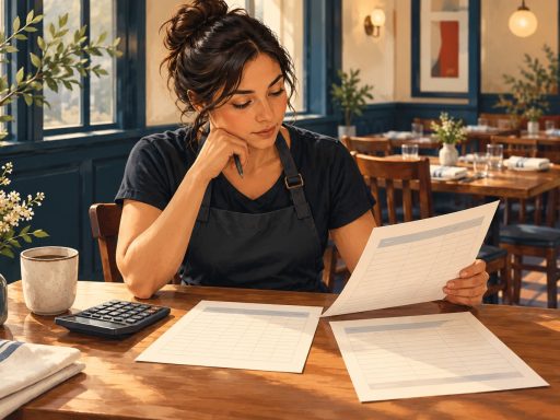 Conceptual illustration of a restaurant worker reviewing blank timesheets and a wage statement at a cafe table.