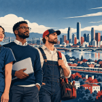 Illustration of a nurse, software professional and electrician overlooking American cities in a salary purchasing power study.