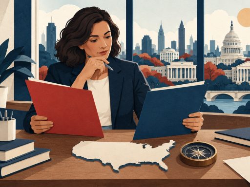 Conceptual illustration of a professional comparing state job-market reports at a desk with a blank U.S. map shape and compass.
