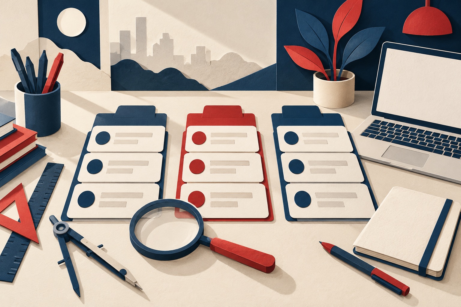 Conceptual illustration of blank role cards, a magnifying glass, drafting tools and a blank laptop on a research desk.